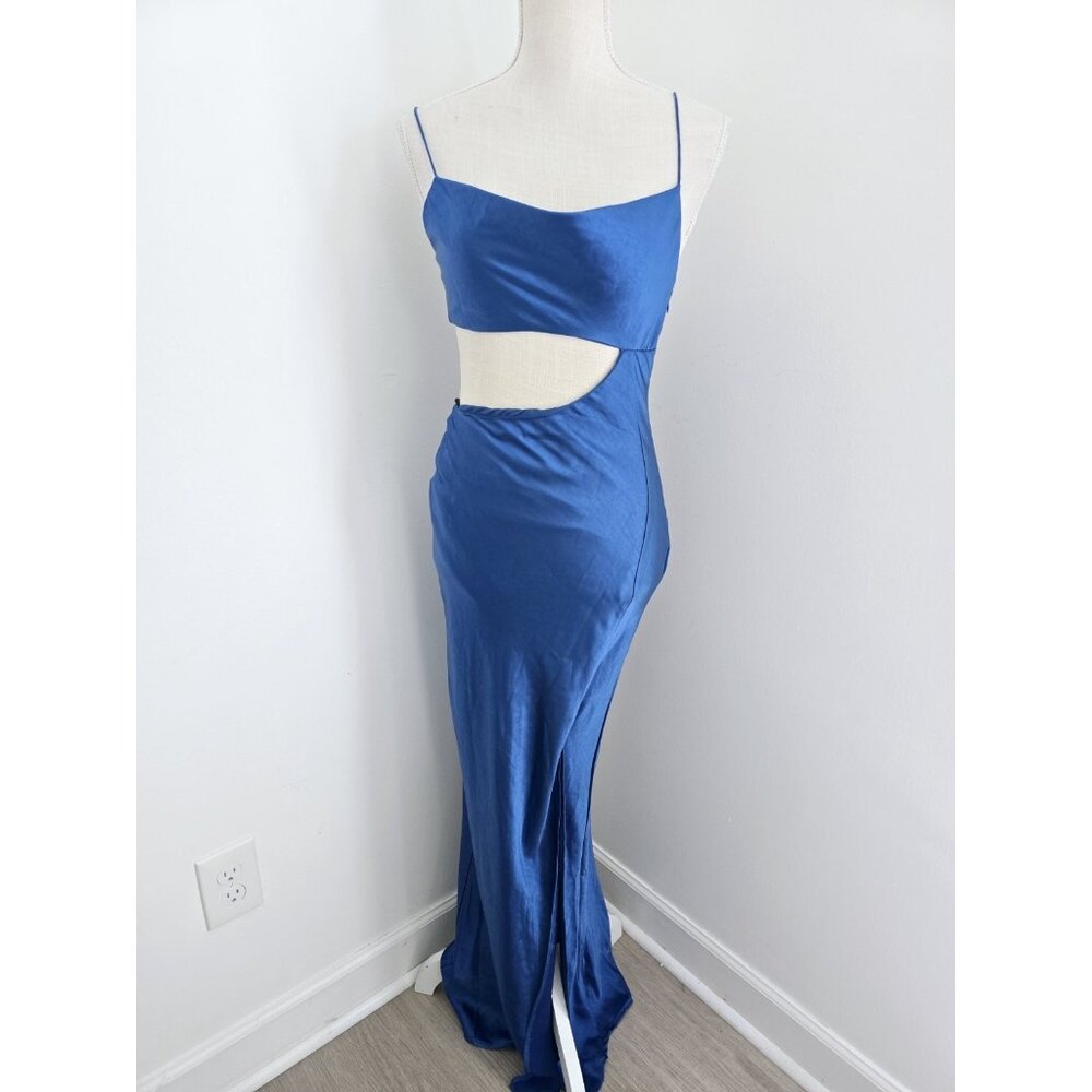 Hello Molly Oceanic Eyes Satin Royal Blue Cut Out Slit Sleeveless Maxi Dress S 4 - Picture 2 of 15